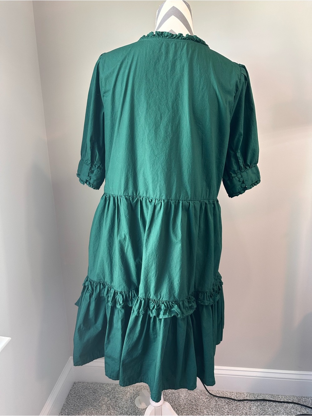 J.Crew Dark Green Cotton Tiered Mini Dress Split Neck Puff Sleeve Ruffle Medium - Picture 3 of 7